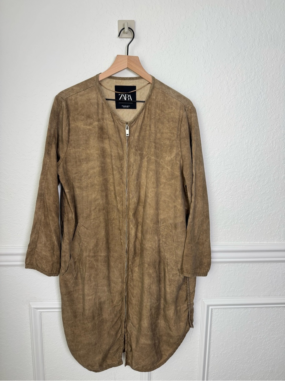 Zara Tan Acid Wash Longline Zip Jacket Coat Medium Oversized